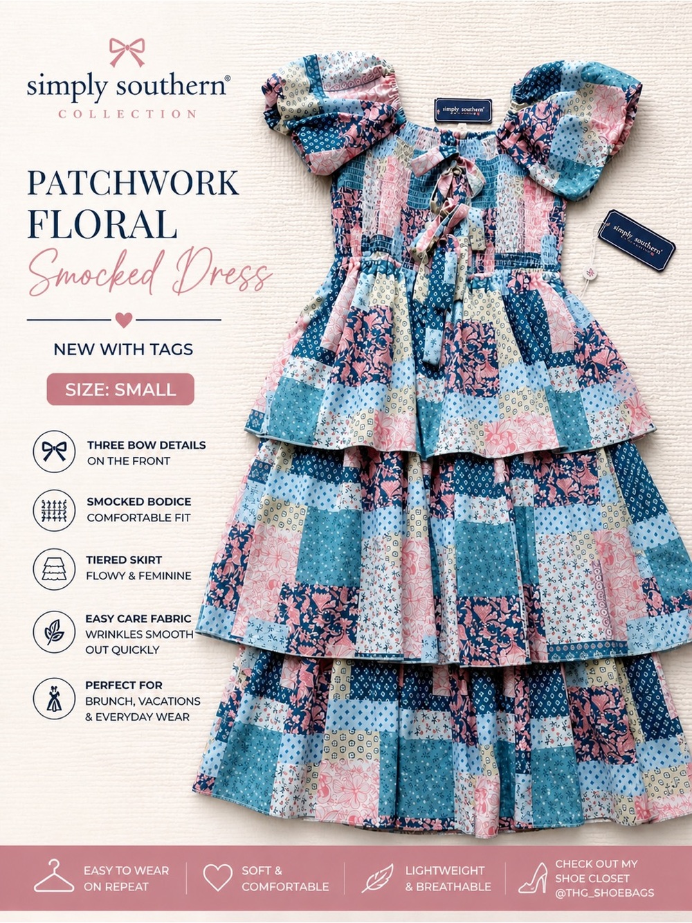 Simply Southern Patchwork Floral Smocked Bow Midi Dress NWT S